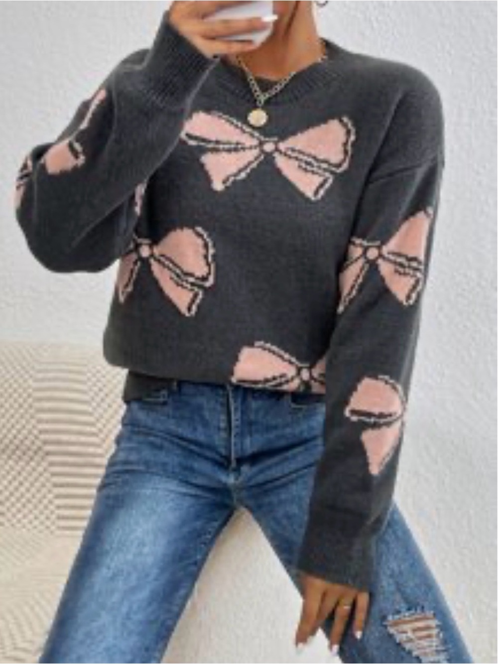 SHEIN Charcoal Crewneck Sweater with Pink Bow Accents